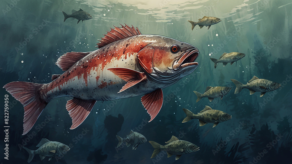 Fototapeta premium Watercolor painting: The spread of the Asian carp in the United States, its rapid reproduction and impact on native species is a major concern.