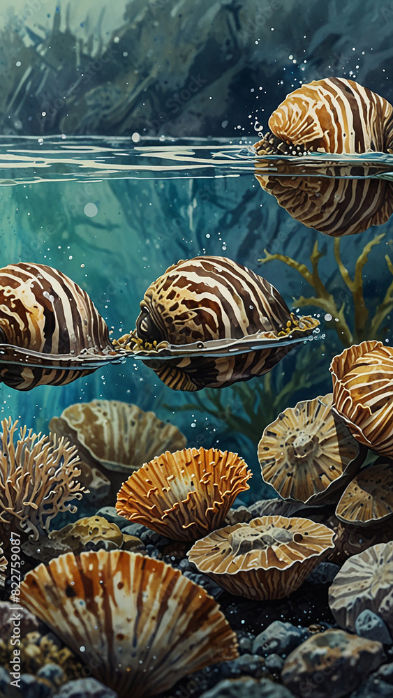 Watercolor painting: Zebra mussels outcompeting native species, their