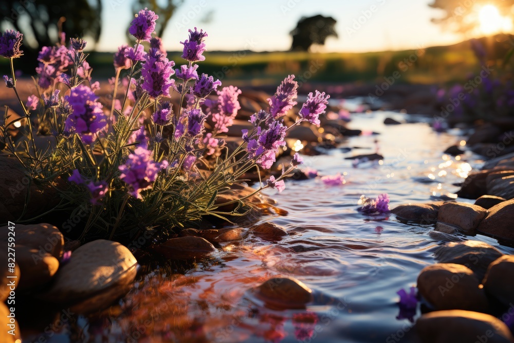 Lavender field next to the serene stream under the Sun West., generative IA Lavender field next to the serene stream under the Sun West., generative IA