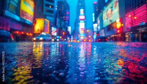 Colorful wet street with reflective city lights