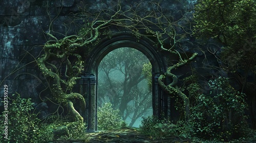 fantasy dimension portal made with tree branches surreal arch doorway digital illustration