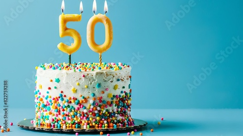 festive 50th birthday cake with glowing candles celebration dessert on blue background photo