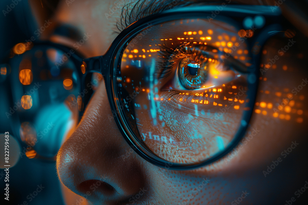 Close-Up of Woman's Eye with Glasses Reflecting Data and Code from Computer Screen Close-Up of Woman's Eye with Glasses Reflecting Data and Code from Computer Screen
