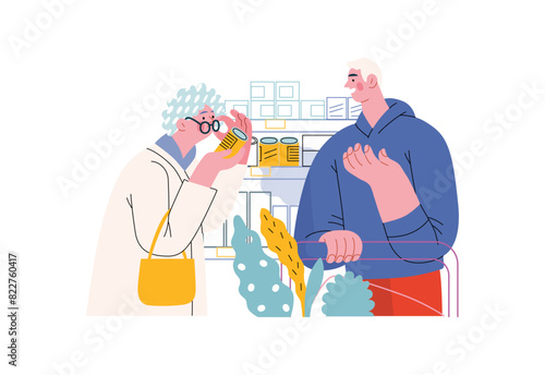 Mutual Support: Helping a visually impaired person -modern flat vector concept illustration of man offering to read label for woman in supermarket A metaphor of voluntary, collaborative exchanges