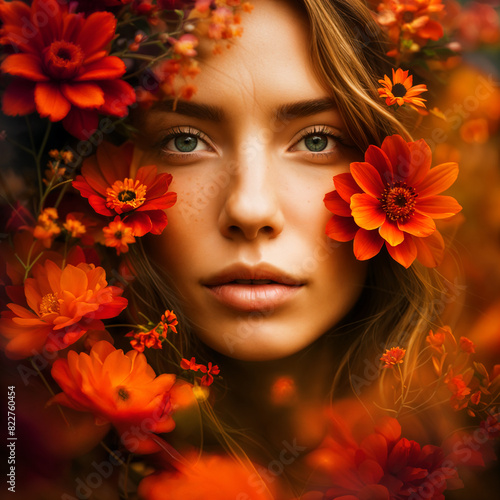 A portrait of a woman with blue eyes, surrounded by orange flowers that create a dreamy and romantic atmosphere.
