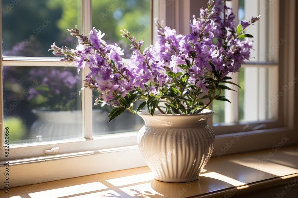 Lavender on a vessel in the sunny window., generative IA Lavender on a vessel in the sunny window., generative IA