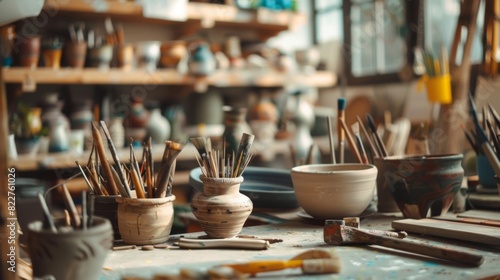 A pottery studio filled with various tools and materials ready for a day of crafting and creating. photo