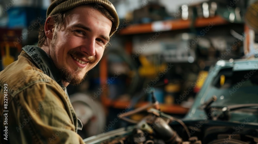 handsome mechanic smiling while checking car engine friendly auto repair service portrait photograph handsome mechanic smiling while checking car engine friendly auto repair service portrait photograph