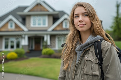 Teen girl in front of suburban home