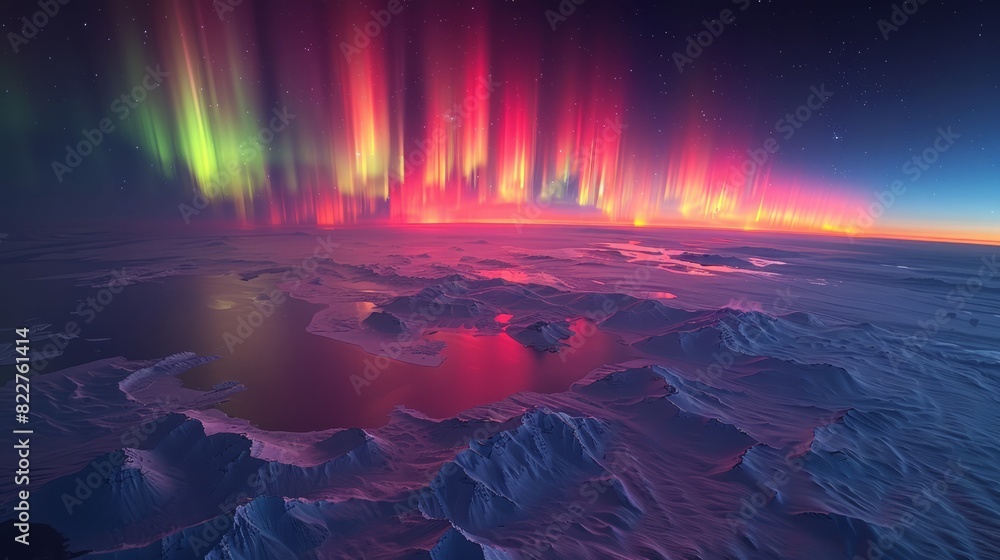 Fototapeta premium A breathtaking picture of the Northern Lights illuminating the night sky with vibrant hues of green, pink, and purple, over a serene Arctic landscape.