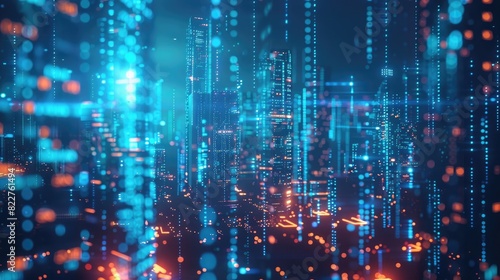 Abstract futuristic cityscape background with digital data and code glowing on glass, blue lights, blurred skyscrapers.