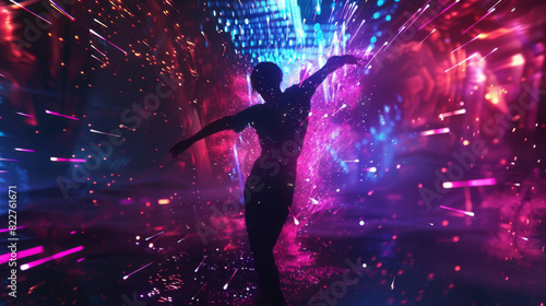 A woman is dancing in a colorful room with lots of sparkles