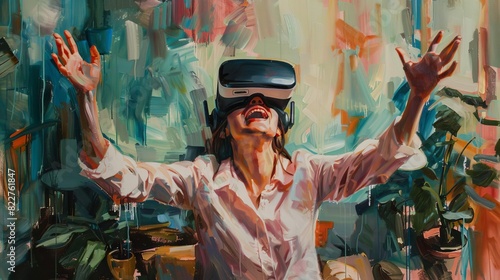 joyful woman experiencing virtual reality gaming at home oil painting