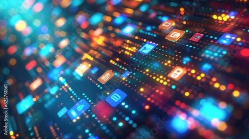 Abstract digital background with social media icons and glowing lights, depicting a data transfer concept. High resolution photorealistic texture photo