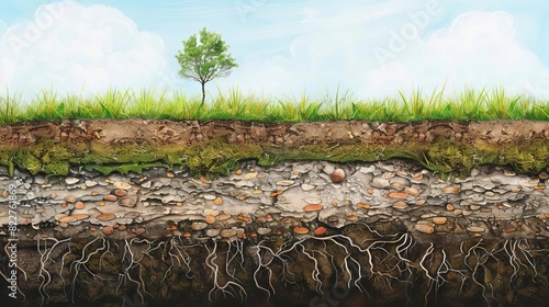 layered earth crosssection with soil grass and roots digital illustration