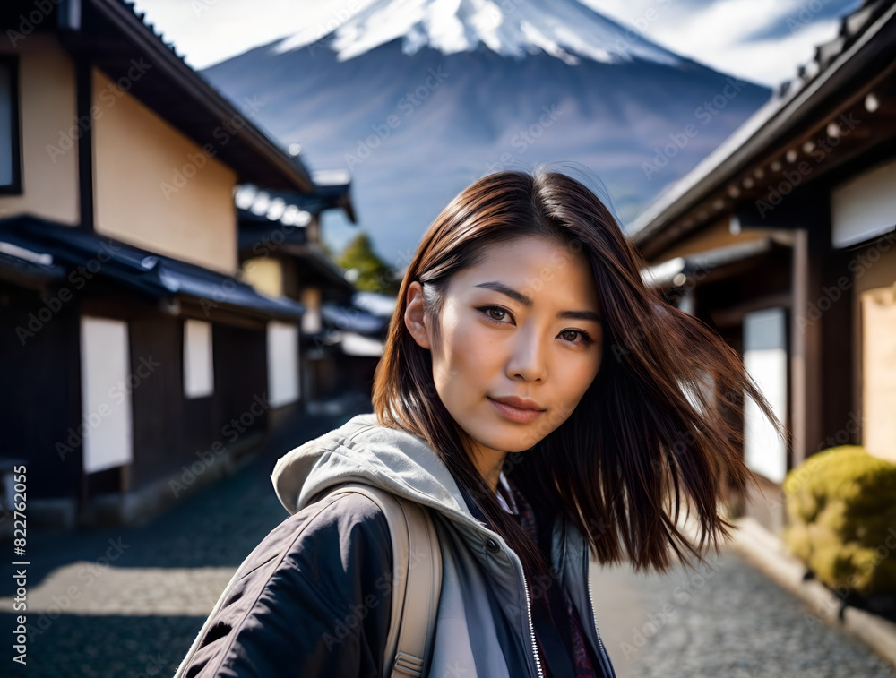 Asian woman in japanese village with snow-capped mount in the background
