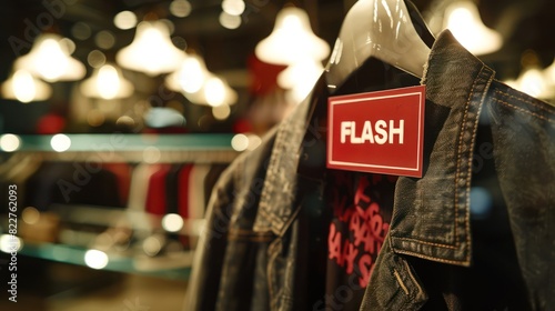 Fashion stores are holding promotions Flash sale discount. Clothing shop with Flash Sale written on the clothes hanger on the shop shelf. 