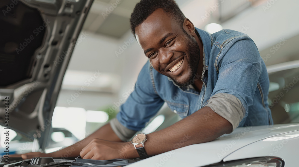 Man Smiles Brightly, Hugging New Car Hood While Leaning Over Happily