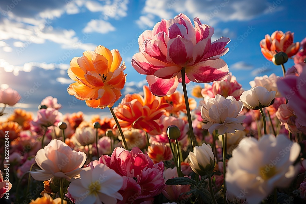 Red tulips field and oranges under the sun., generative IA