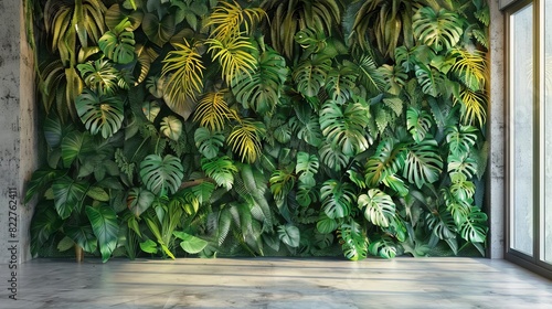 lush tropical foliage cascading down wall decorative photomural for home interior digital illustration photo