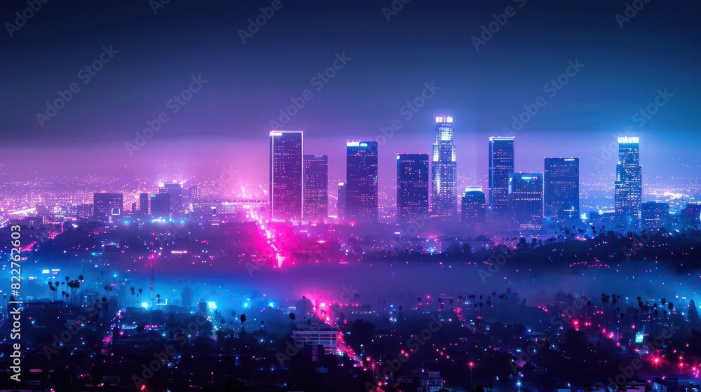 custom made wallpaper toronto digitalNight city, neon light, palms against the sunset, stars.