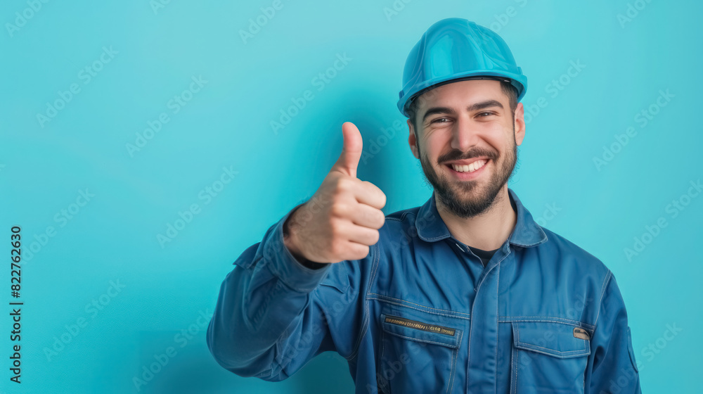cheerful plumber in blue uniform giving a thumbs up on blue background cheerful plumber in blue uniform giving a thumbs up on blue background
