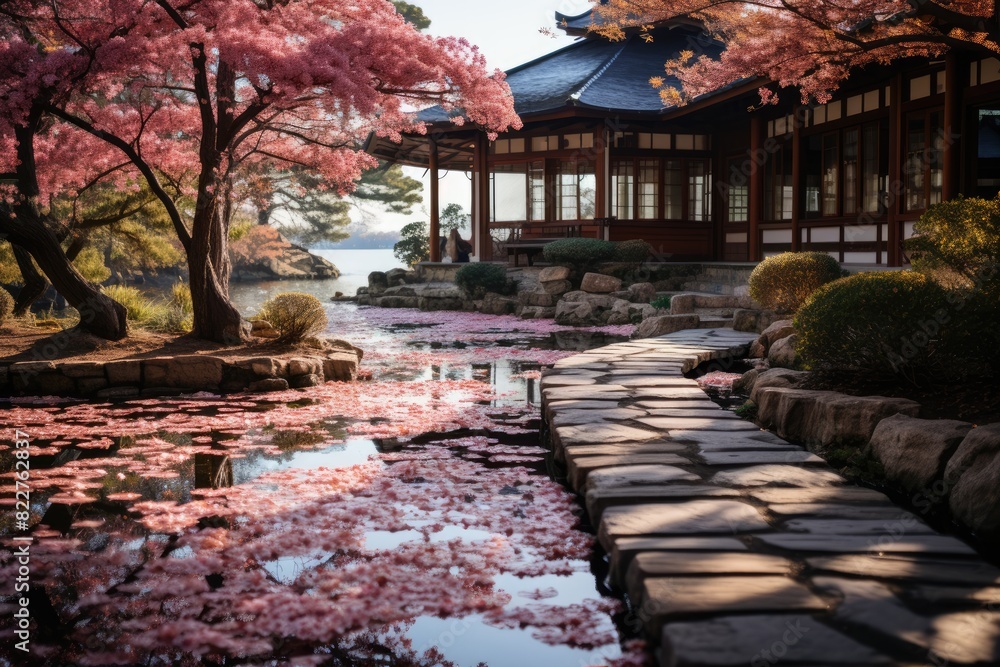 Japanese Zen Garden with Lake and Pavilion., generative IA Japanese Zen Garden with Lake and Pavilion., generative IA