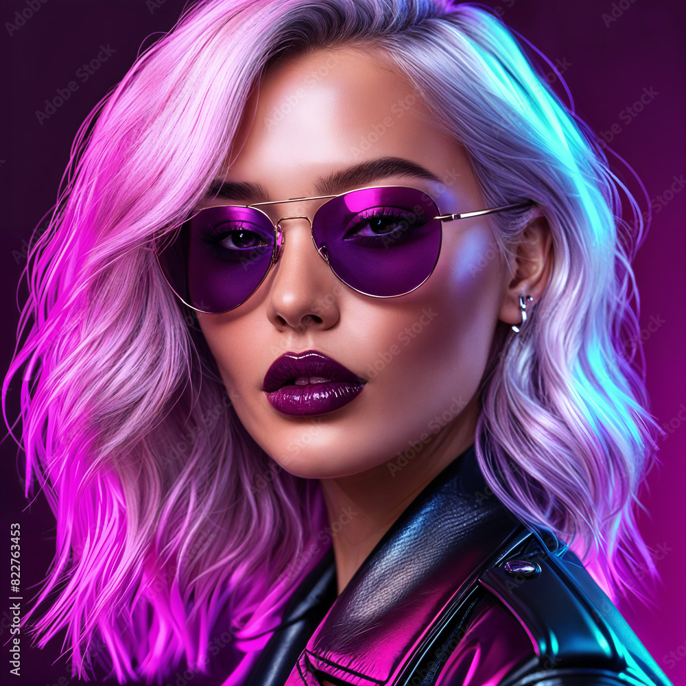 A woman with pink hair and purple sunglasses, wearing a black leather jacket against a purple background. A woman with pink hair and purple sunglasses, wearing a black leather jacket against a purple background.