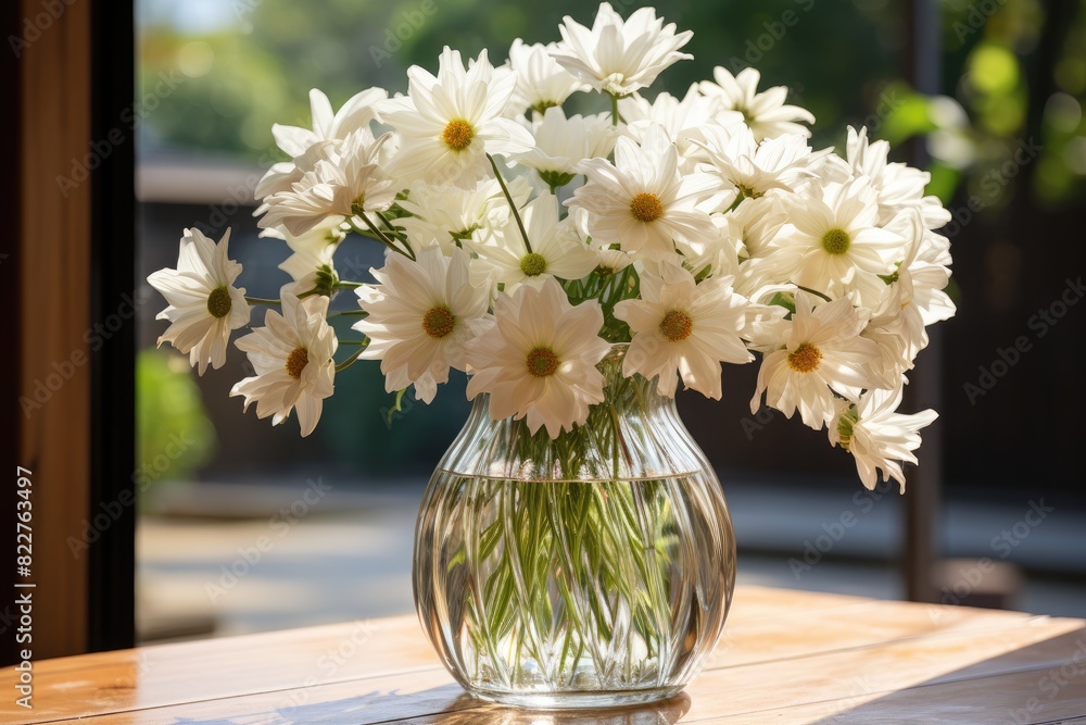 White daisies in transparent glass vase., generative IA White daisies in transparent glass vase., generative IA