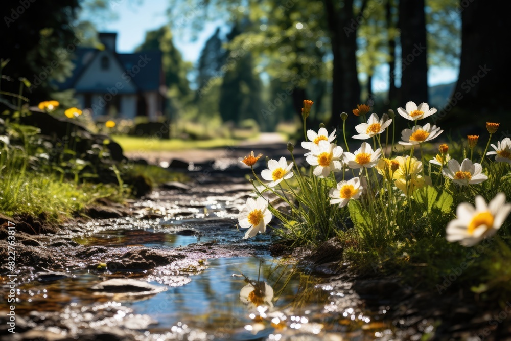 Charming forest with daisies and trees., generative IA Charming forest with daisies and trees., generative IA