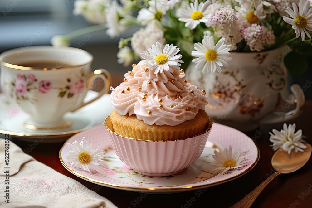 Pink cupcake with edible daisies., generative IA Pink cupcake with edible daisies., generative IA