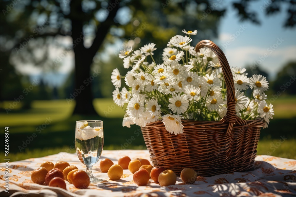 Picnic basket with daisies and fresh food., generative IA Picnic basket with daisies and fresh food., generative IA