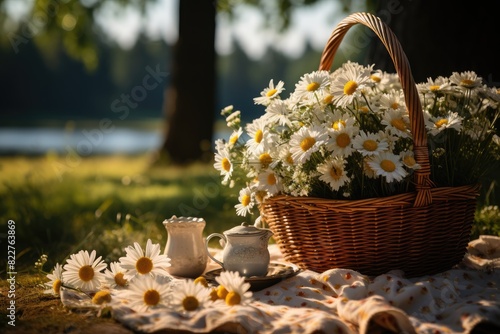 Picnic basket with daisies and fresh food.  generative IA