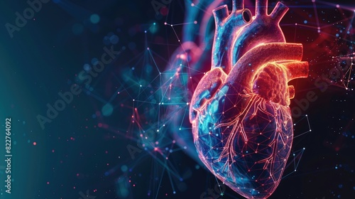 Abstract human heart with glowing hologram and digital background,