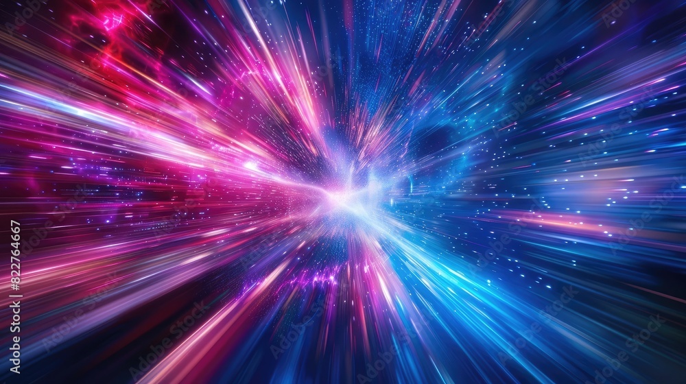 Abstract light speed background with blue, purple and red rays of energy in space. High technology concept for science fiction or futuristic design