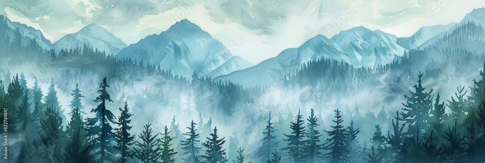Watercolor landscape with foggy mountains, pine forest and clouds in sky, detailed illustration by Nene Thomas