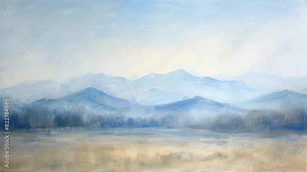 A mountain range in the distance painted in soft pastel hues.