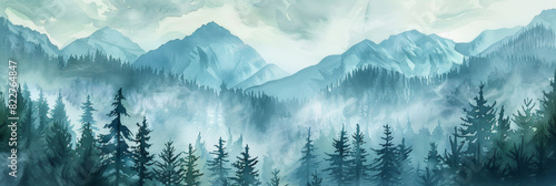 Watercolor landscape with foggy mountains, pine forest and clouds in sky, detailed illustration by Nene Thomas photo