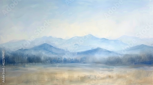 A mountain range in the distance painted in soft pastel hues. photo
