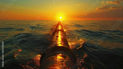 A sunset reflecting off the calm surface above a subsea oil pipeline.