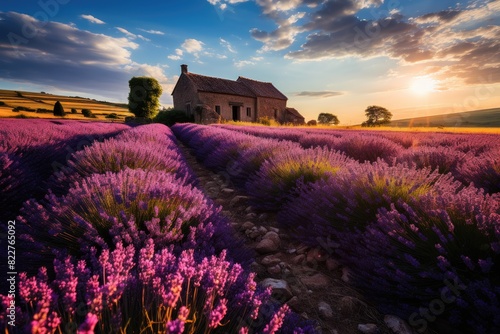 Vast purple lavender field under the summer sun.  generative IA