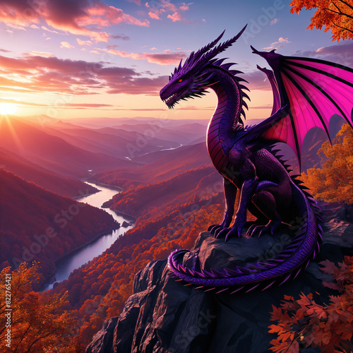 A majestic purple dragon perched on a rocky outcrop, overlooking a picturesque landscape of mountains and valleys at sunset. © Aleksei Solovev