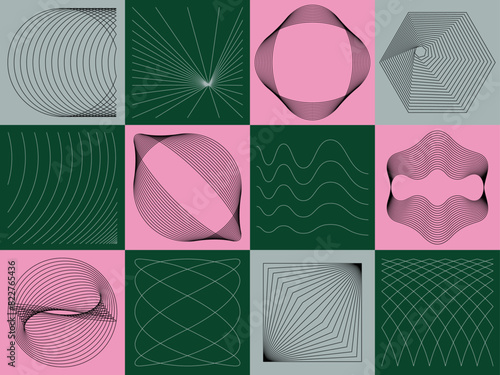 Abstract line pattern collection warped striped background vector curved twisted slanting waved Lissajous music graph mosaic graphic design line art blend design geometric radial shape elements color