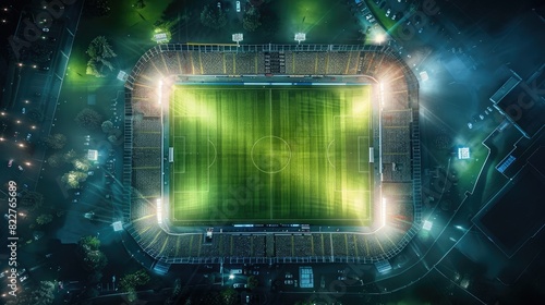 Aerial view of sports stadium with lush grass and bright lights . Concept Sports Stadium, Aerial View, Lush Grass, Bright Lights, Bird's Eye View