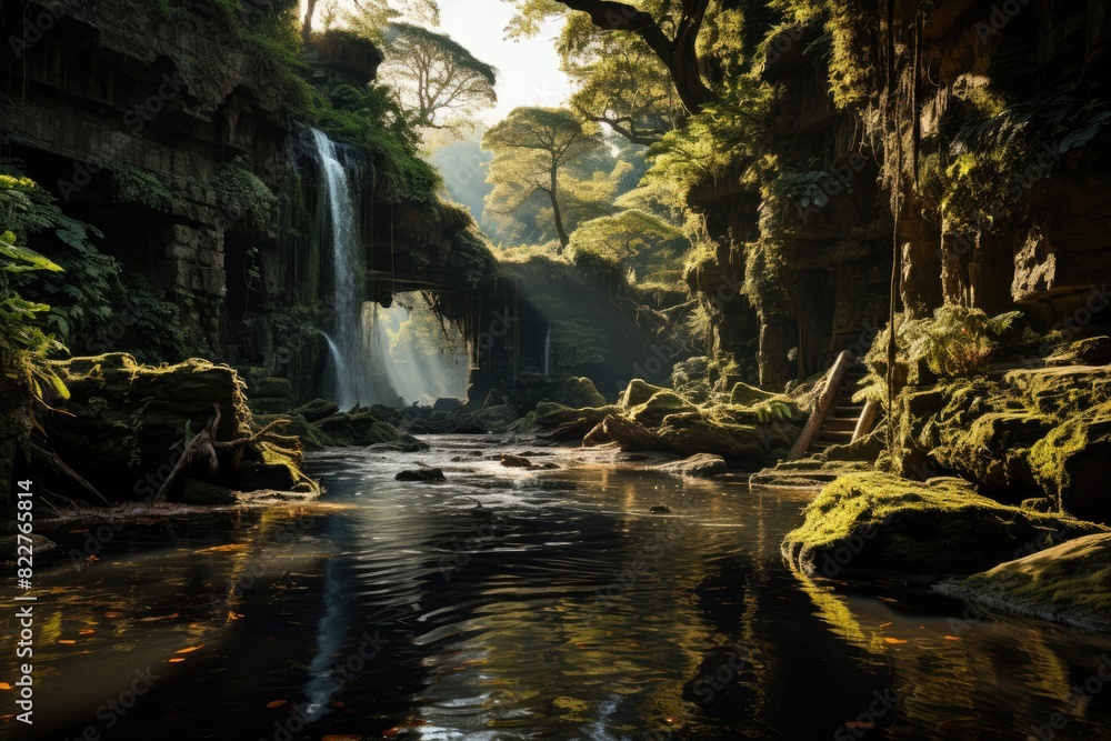 Hidden waterfall between trees and stones., generative IA Hidden waterfall between trees and stones., generative IA