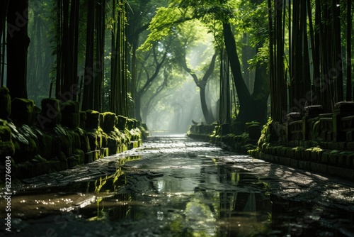 Bamboo Forest Ethereal atmosphere with tall and thin trunks.  generative IA