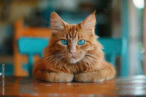 International Cat Day poster. Portrait of a large orange cat with blue eyes at a table, copy space - generative ai