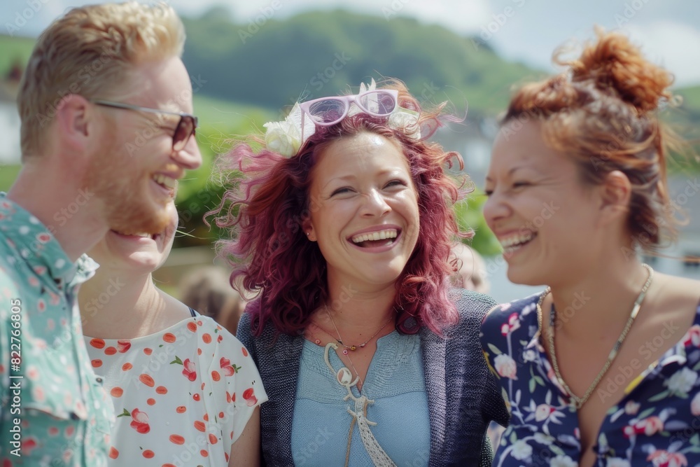 Group of friends having fun together at a summer music festival, smiling Group of friends having fun together at a summer music festival, smiling
