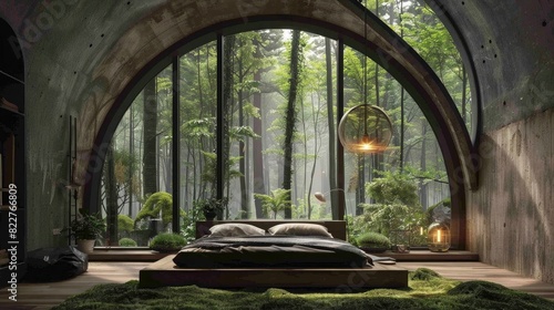 An interior design of a bedroom in the forest  with a big arched window and glass  a bed on a wood floor  a hanging lamp  a mossy ground  a black ceiling  green trees  in the hyper realistic 