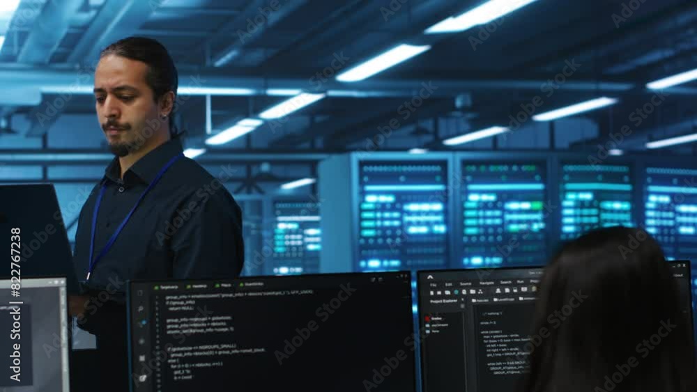 Manager overseeing server room, running code on laptop, troubleshooting and upgrading technologically advanced hardware clusters. System administrator programming in server farm Manager overseeing server room, running code on laptop, troubleshooting and upgrading technologically advanced hardware clusters. System administrator programming in server farm